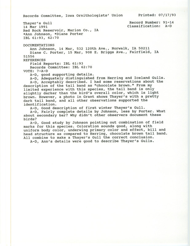 Records Committee review for two Thayer's Gulls at Red Rock Reservoir Dam in Marion County, IA on March 14, 1991. Includes a record review document with votes and two documentation forms submitted to the committee.