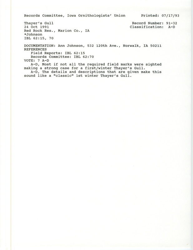 Records Committee review for a Thayer's Gull at Red Rock Dam in Marion County, IA on October 24, 1991. Includes a record review document with votes and a documentation form submitted to the committee.