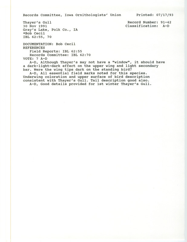 Records Committee review for a Thayer's Gull at Gray's Lake in Polk County, IA on November 30, 1991. Includes a record review document with votes and a documentation form submitted to the committee.