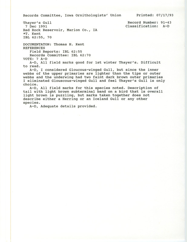 Records Committee review for a Thayer's Gull at Red Rock Dam in Marion County, IA on December 7, 1991. Includes a record review document with votes and a documentation form submitted to the committee.