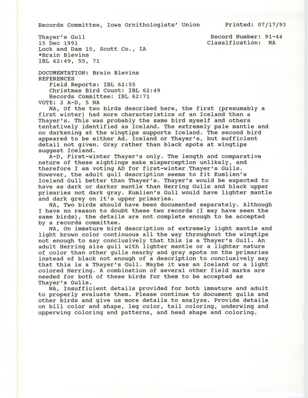 Records Committee review for two Thayer's Gull at Lock and Dam 15 near Davenport in Scott County, IA on December 15, 1991. Includes a record review document with votes and a documentation form submitted to the committee.