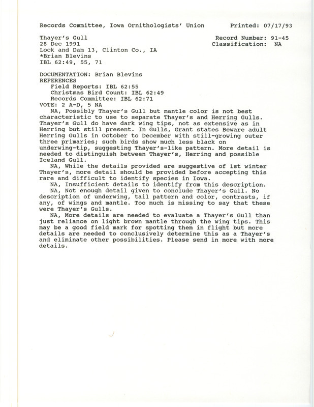 Records Committee review for two Thayer's Gulls at Lock and Dam 13 in Clinton County, IA on December 28, 1991. Includes a record review document with votes and a documentation form submitted to the committee.