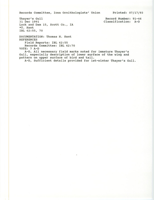 Records Committee review for a Thayer's Gull at Lock and Dam 15 near Davenport in Scott County, IA on December 31, 1991. Includes a record review document with votes and a documentation form submitted to the committee.