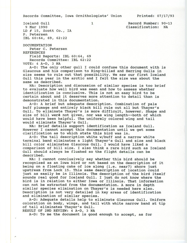 Records Committee review for an Iceland Gull at Lock and Dam 15 near Davenport in Scott County, IA on March 9, 1990. Includes a record review document with votes and a documentation form submitted to the committee.