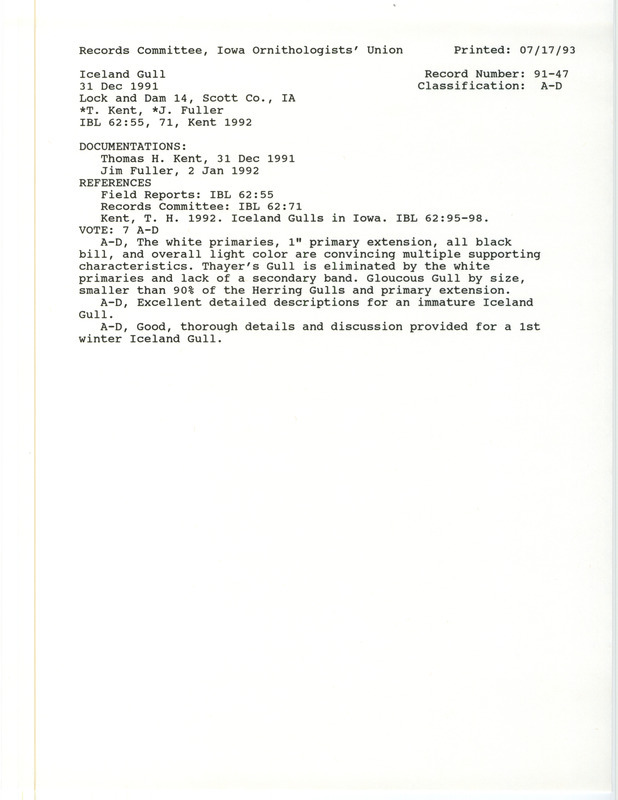 Records Committee review for an Iceland Gull at Lock and Dam 14 near Le Claire in Scott County, IA on December 31, 1991. Includes a record review document with votes, an article in Iowa Bird Life, and two documentation forms submitted to the committee.