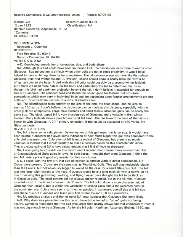 Records Committee review for an Iceland Gull at Lake Rathbun Dam in Appanoose County, IA on January 2, 1993. Includes a record review document with votes and a documentation form submitted to the committee.