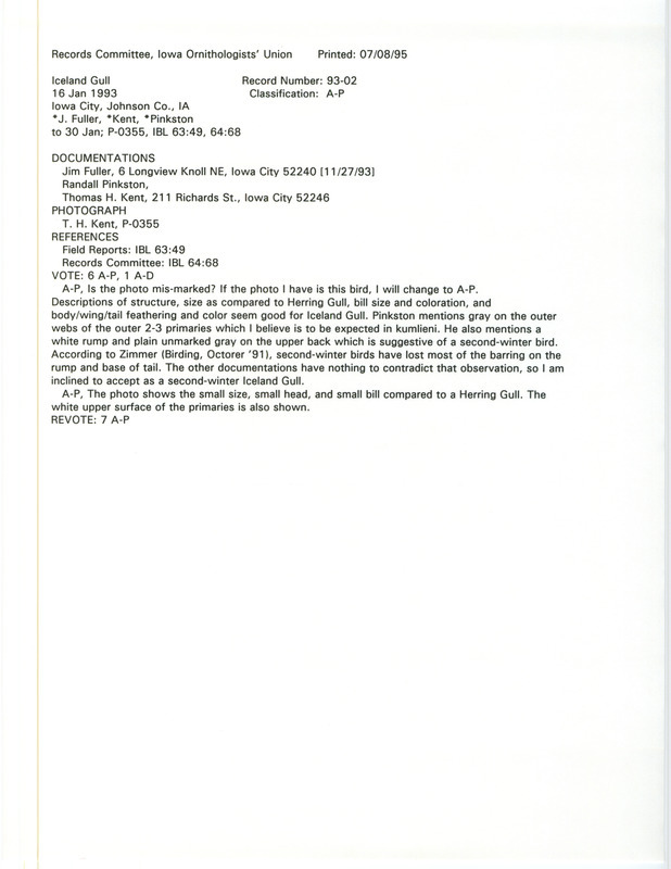 Records Committee review for an Iceland Gull near Hancher Auditorium in Iowa City in Johnson County, IA on January 16, 1993. Includes a record review document with votes, a photograph, and three documentation forms submitted to the committee.