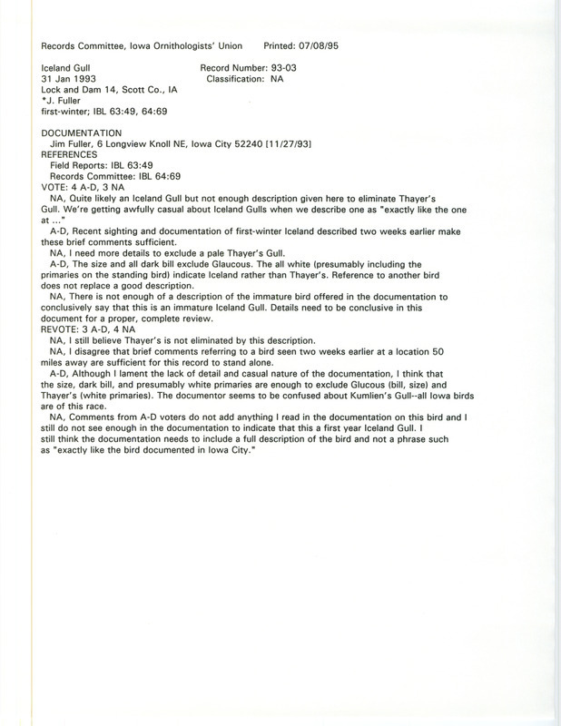 Records Committee review for an Iceland Gull at Lock and Dam 14 in Scott County, IA on January 31, 1993. Includes a record review document with votes and a documentation form submitted to the committee.