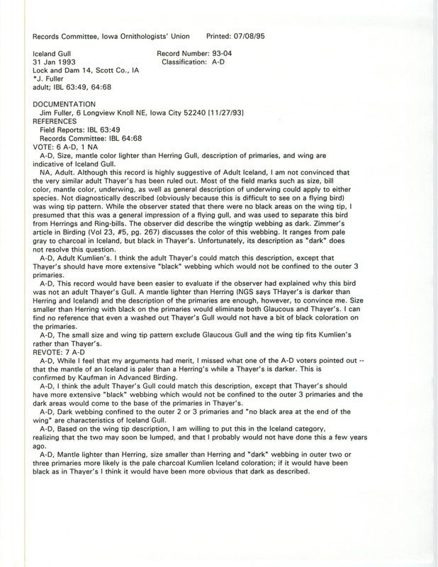 Records Committee review for an Iceland Gull at Lock and Dam 14 in Scott County, IA on January 31, 1993. Includes a record review document with votes and a documentation form submitted to the committee.