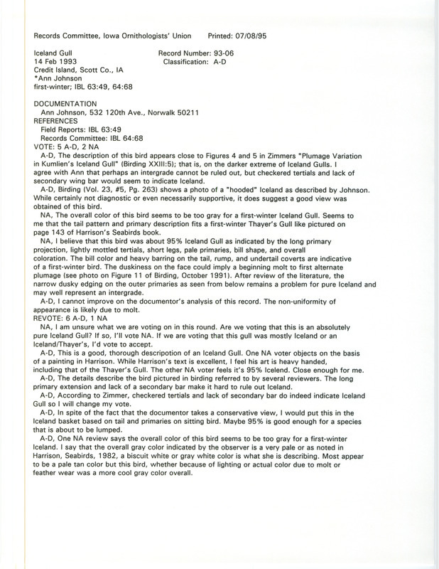 Records Committee review for an Iceland Gull at Credit Island in Scott County, IA on February 14, 1993. Includes a record review document with votes and a documentation form submitted to the committee.