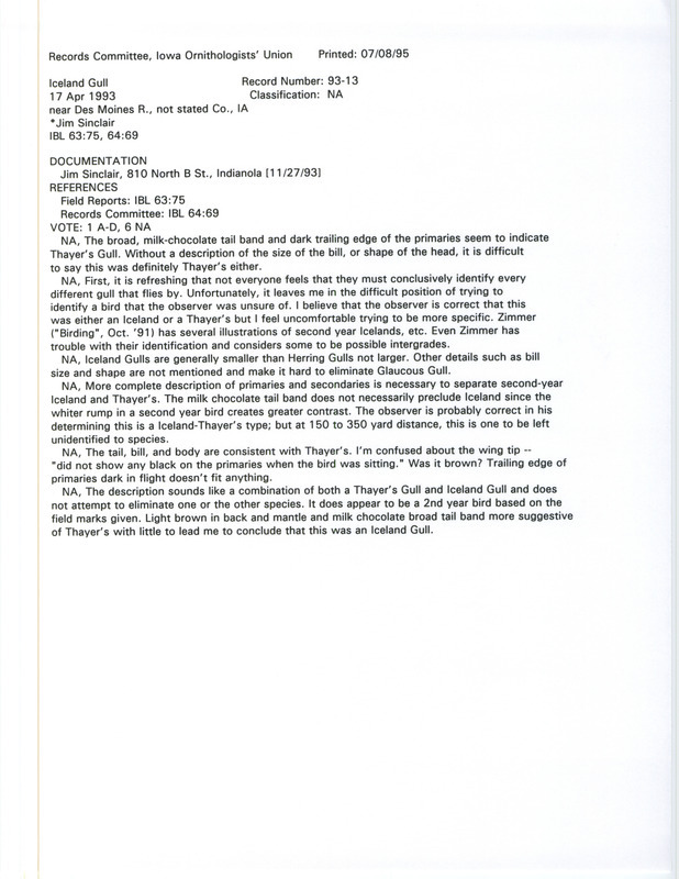 Records Committee review for an Iceland Gull at lake near Des Moines River in unknown county, IA on April 17, 1993. Includes a record review document with votes and a documentation form submitted to the committee.