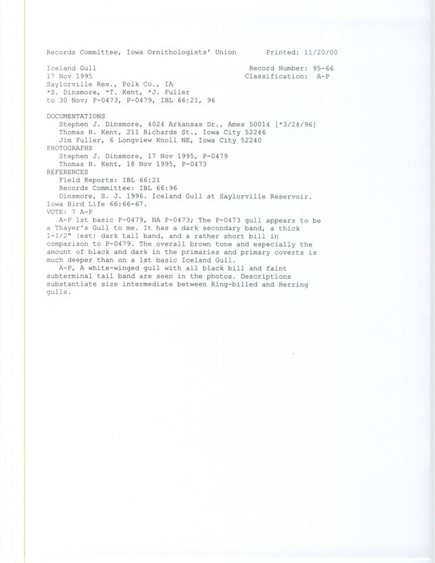 Records Committee review for an Iceland Gull at Saylorville Reservoir Dam in Polk County, IA on November 17, 1995. Includes a record review document with votes, two photographs, an article in Iowa Bird Life, and three documentation forms submitted to the committee.