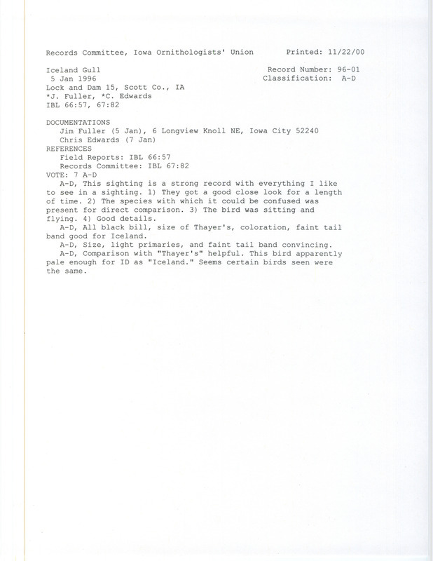 Records Committee review for an Iceland Gull at Lock and Dam 15 near Davenport in Scott County, IA on January 5, 1996. Includes a record review document with votes and two documentation forms submitted to the committee.