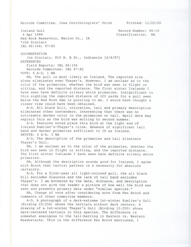 Records Committee review for an Iceland Gull at Red Rock Dam in Marion County, IA on April 6, 1996. Includes a record review document with votes, correspondence about bird sightings, and a documentation form submitted to the committee.