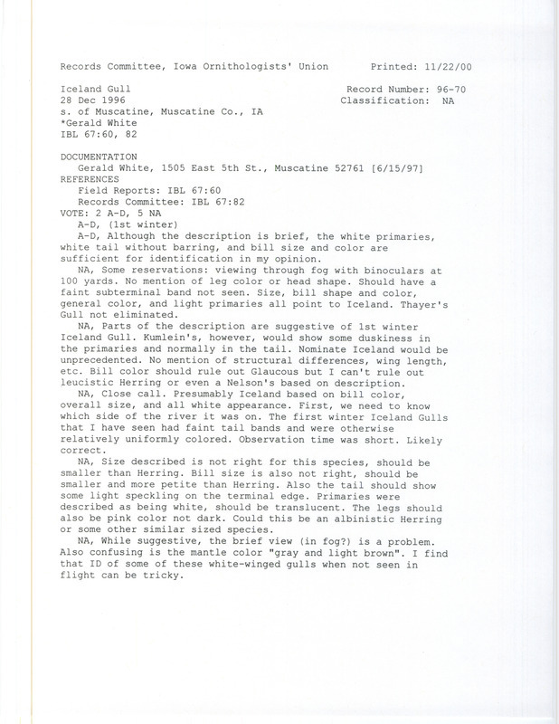 Records Committee review for an Iceland Gull south of Muscatine in Muscatine County, IA on December 28, 1996. Includes a record review document with votes and a documentation submitted to the committee.