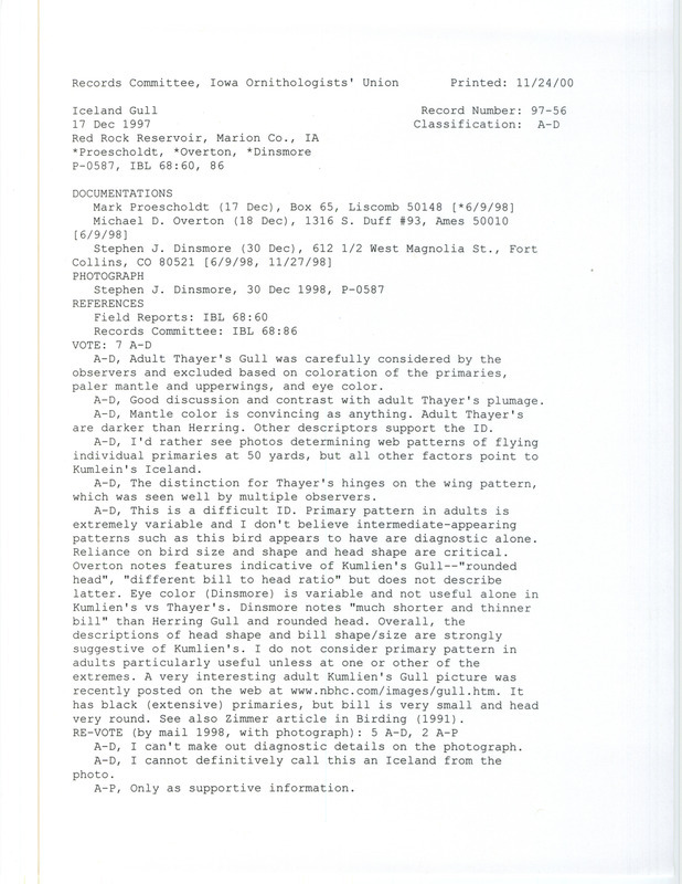 Records Committee review for an Iceland Gull at Red Rock Reservoir Dam in Marion County, IA on December 17, 1997. Includes a record review document with votes, a photograph, and three documentation forms submitted to the committee.