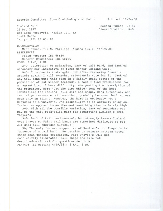 Records Committee review for an Iceland Gull at Red Rock Reservoir Dam in Marion County, IA on December 21, 1997. Includes a record review document with votes and a documentation form submitted to the committee.