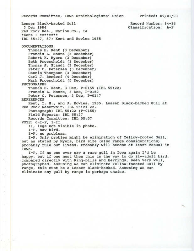 Records Committee review for a Lesser Black-backed Gull at Red Rock Reservoir Dam in Marion County, IA on December 3, 1984. Includes a record review document with votes, an article in Iowa Bird Life, and nine documentation forms submitted to the committee.