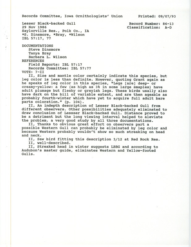 Records Committee review for a Lesser Black-backed Gull at Saylorville Dam in Polk County, IA on November 29, 1986. Includes a record review document with votes, a summary of review, and three documentation forms submitted to the committee.