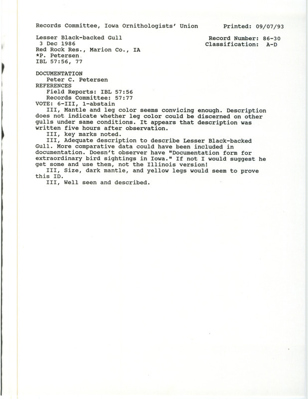 Records Committee review for a Lesser Black-backed Gull at Elk Rock State Park in Marion County, IA on December 3, 1986. Includes a record review document with votes and a documentation form submitted to the committee.