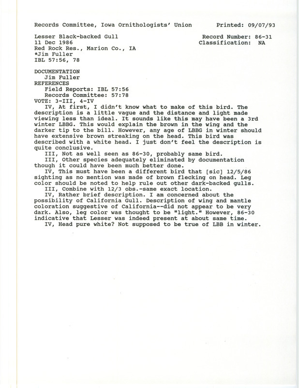 Records Committee review for a Lesser Black-backed Gull at Elk Rock State Park in Marion County, IA on December 11, 1986. Includes a record review document with votes, a summary of the review, and a documentation form submitted to the committee.