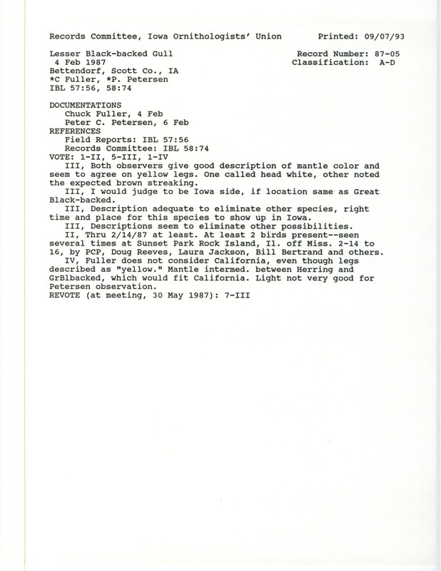 Records Committee review for a Lesser Black-backed Gull near the Ben Butterworth Parkway in Rock Island County, IL on February 4, 1987. Includes a record review document with votes and two documentation forms submitted to the committee.