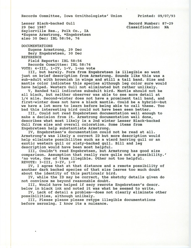 Records Committee review for a Lesser Black-backed Gull at Saylorville Reservoir in Polk County, IA on December 29, 1987. Includes a record review document with votes and two documentation forms submitted to the committee.