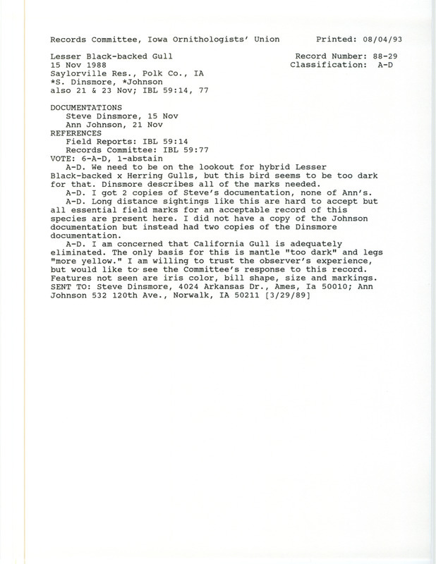 Records Committee review for a Lesser Black-backed Gull near Jester Park at Saylorville Reservoir in Polk County, IA on November 15, 1988. Includes a record review document with votes and a documentation form submitted to the committee.