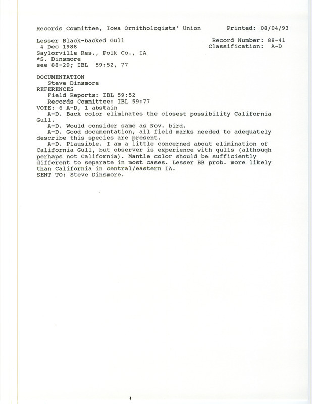 Records Committee review for a Lesser Black-backed Gull at Jester Park at Saylorville Reservoir in Polk County, IA on December 4, 1988. Includes a record review document with votes and a documentation form submitted to the committee.