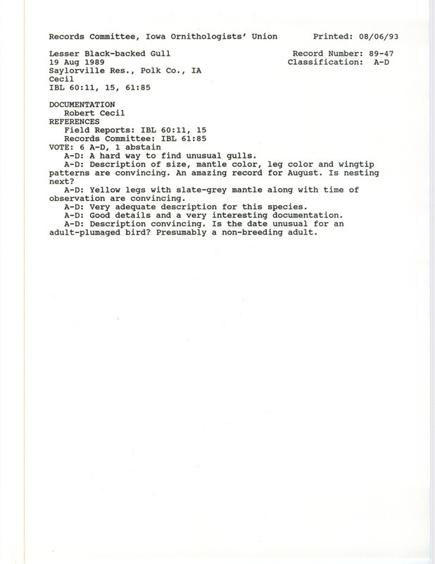 Records Committee review for a Lesser Black-backed Gull at Sandpiper Beach at Saylorville Reservoir in Polk County, IA on August 19, 1989. Includes a record review document with votes and a documentation form submitted to the committee.