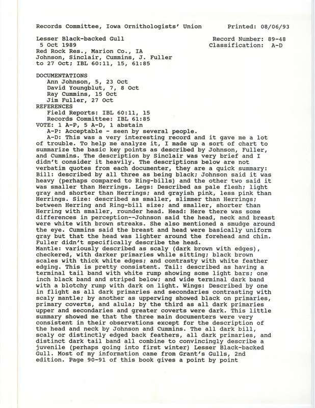 Records committee review for a Lesser Black-backed Gull at Red Rock Dam in Marion County, IA on October 5, 1989. Includes a record review document with votes and four documentation forms submitted to the committee.