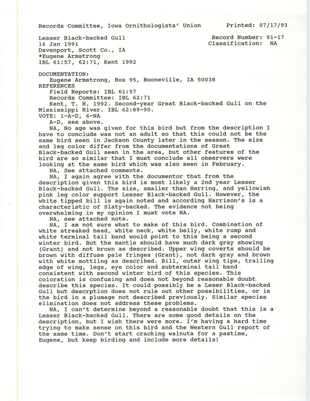 Records Committee review for a Lesser Black-backed Gull at Davenport in Scott County, IA on January 16, 1991. Includes a record review document with votes, an article in Iowa Bird Life, comparisons of different gull sightings, and a documentation form submitted to the committee.