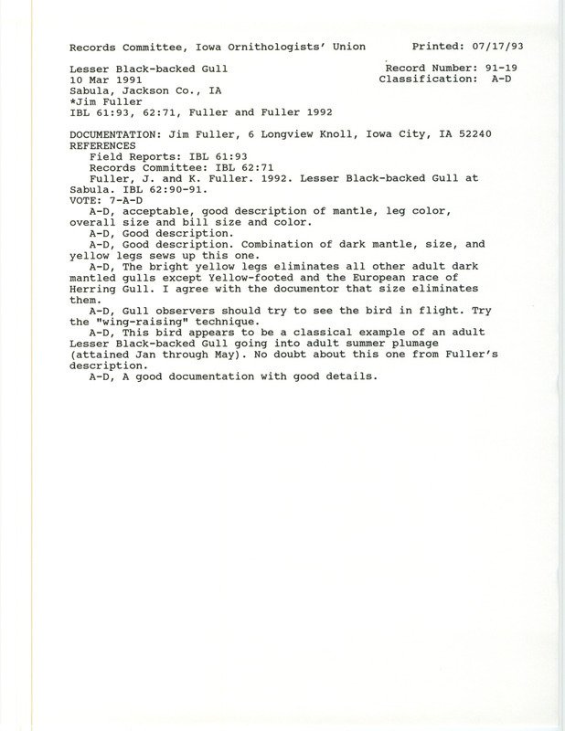 Records Committee review for a Lesser Black-backed Gull at South Sabula Lakes County Park in Jackson County, IA on March 10, 1991. Includes a record review document with votes, an article in Iowa Bird Life, and a documentation form submitted to the committee.