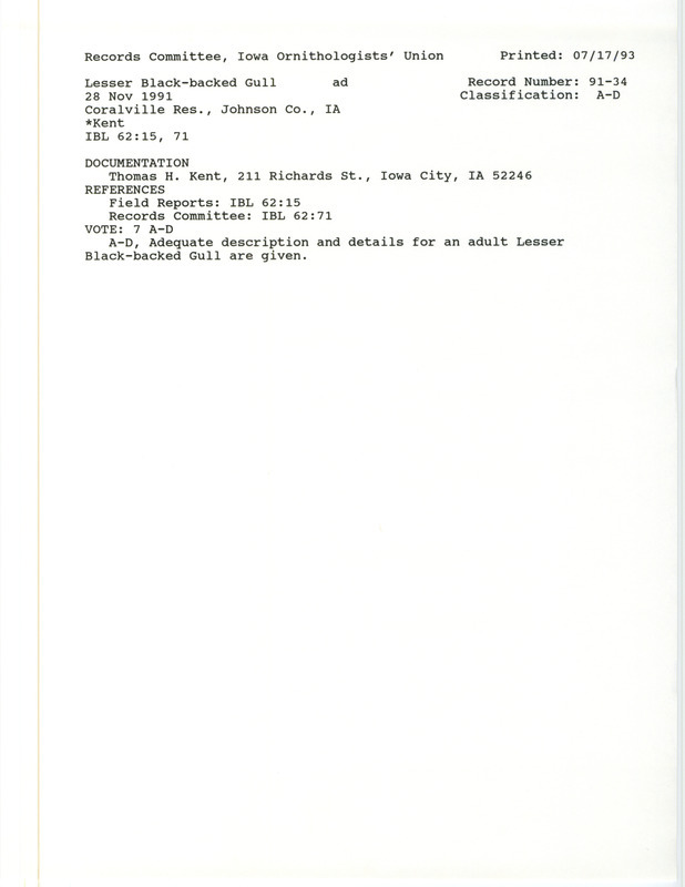 Records Committee for a Lesser Black-backed Gull at Coralville Reservoir in Johnson County, IA on November 28, 1991. Includes a record review document with votes and a documentation form submitted to the committee.