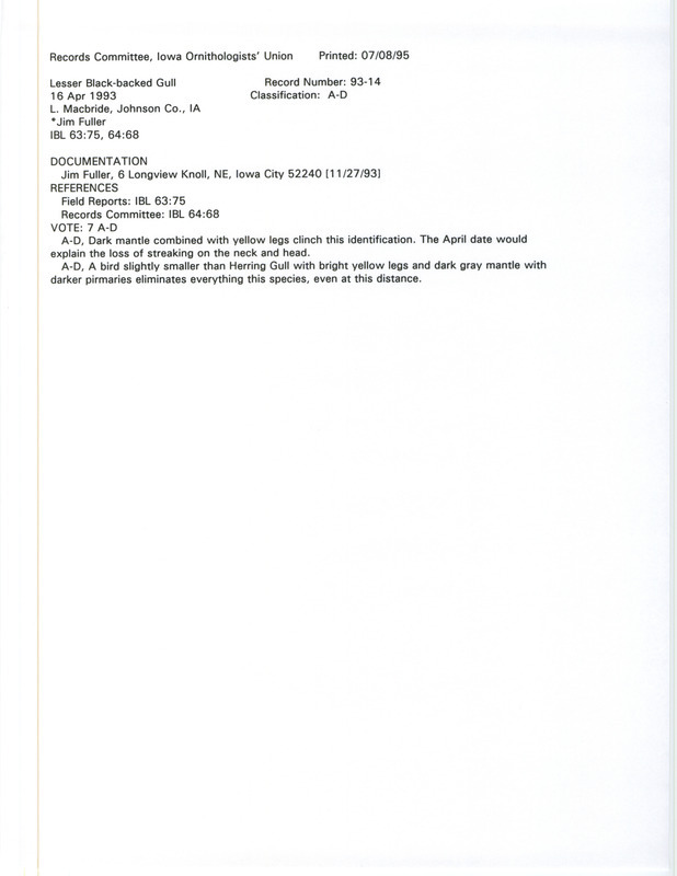 Records Committee review for a Lesser Black-backed Gull at Lake MacBride Beach in Johnson County, IA on April 16, 1993. Includes a record review document with votes and a documentation form submitted to the committee.