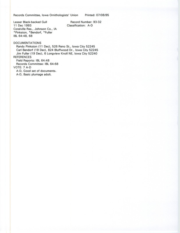 Records Committee review for a Lesser Black-backed Gull at Coralville Dam in Johnson County, IA on December 11, 1993. Includes a record review document with votes and three documentation forms submitted to the committee.