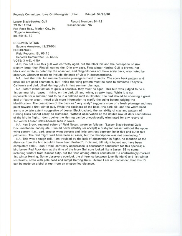 Records Committee review for a Lesser Black-backed Gull at Red Rock Lake in Marion County, IA on October 29, 1994. Includes a record review document with votes and a documentation form submitted to the committee.