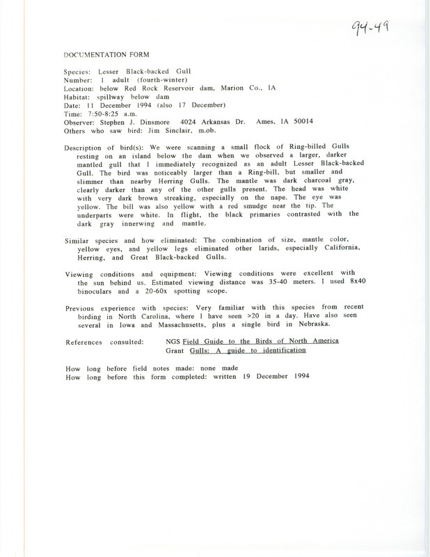 Records Committee review for a Lesser Black-backed Gull at Red Rock Reservoir Dam in Marion County, IA on December 11, 1994. Includes a record review document with votes and three documentation forms submitted to the committee.