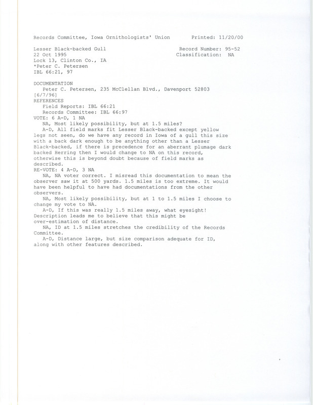 Records Committee review for a Lesser Black-backed Gull at Lock 13 in Clinton County, IA on October 22, 1995. Includes a record review document with votes and a documentation letter with field notes submitted to the committee.