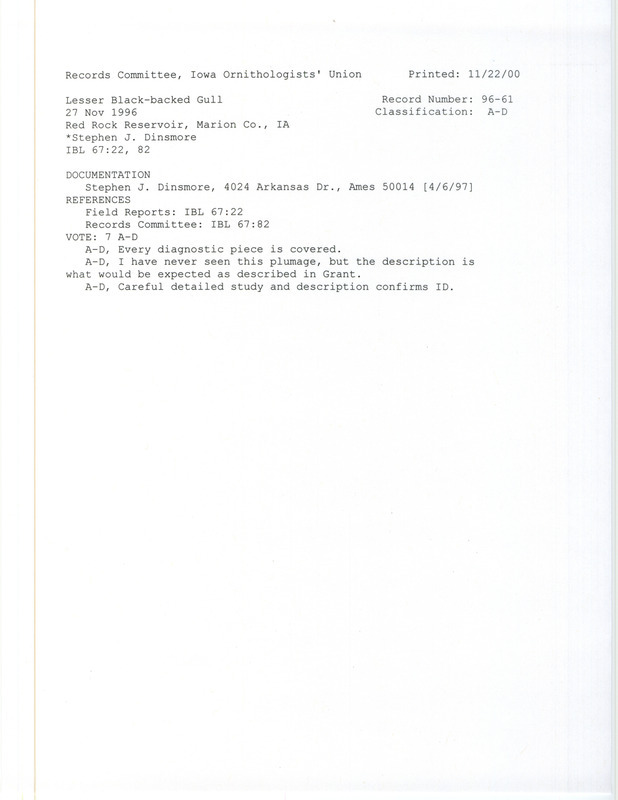 Records Committee review for a Lesser Black-backed Gull at Red Rock Dam in Marion County, IA on November 27, 1996. Includes a record review document with votes and a documentation form submitted to the committee.