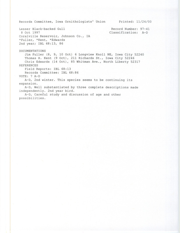 Records Committee review for a Lesser Black-backed Gull at Coralville Dam in Johnson County, IA on October 8, 1997. Includes a record review document with votes and three documentation forms submitted to the committee.