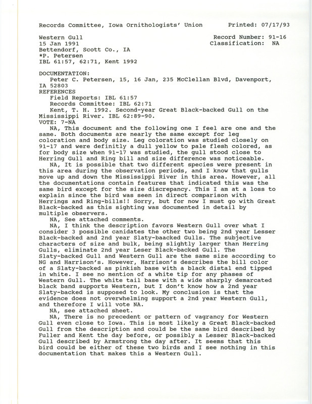 Records Committee review for a Western Gull near Ben Butterworth Parkway in Rock Island County, IL on January 15, 1991. Includes a record review document with votes, comparisons of different gull observations, an article in Iowa Bird Life, and a documentation form submitted to the committee.