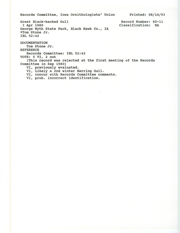 Records Committee review for a Greater Black-backed Gull at George Wyth State Park in Black Hawk County, IA on April 3, 1980. Includes a record review document with votes and a documentation form submitted to the committee.