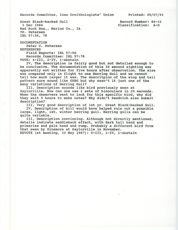 Records Committee review for a Great Black-backed Gull at Red Rock Reservoir in Marion County, IA on December 3, 1986. Includes a record review document with votes and a documentation submitted to the committee.