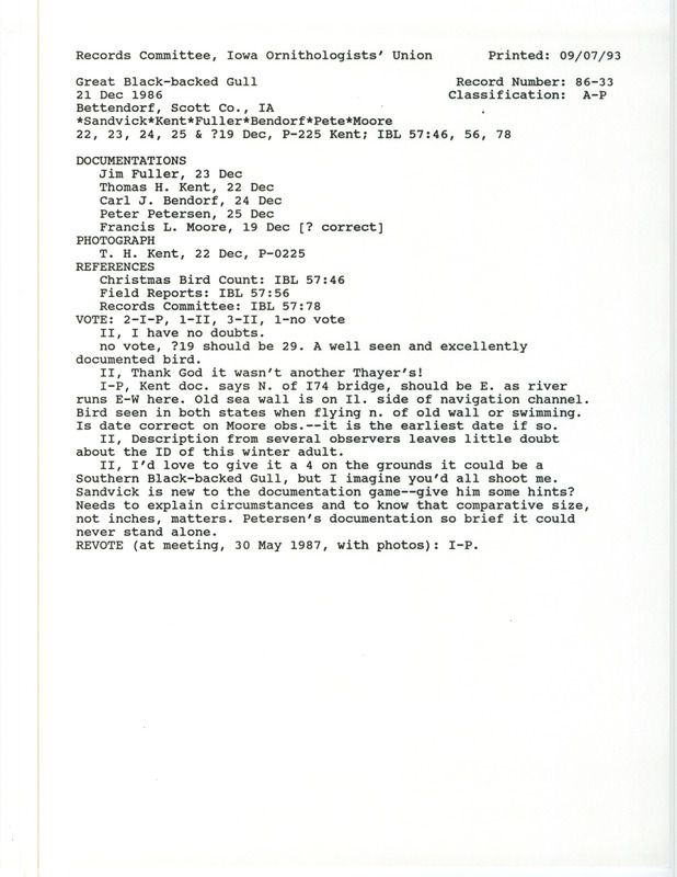 Records Committee review for a Great Black-backed Gull near the Ben Butterworth Parkway in Moline in Rock Island County, IL on December 21, 1986. Includes a record review document with votes, summary of review, and six documentations submitted to the committee.