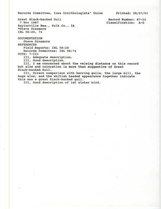 Records Committee review for a Great Black-backed Gull at Jester Park at Saylorville Reservoir in Polk County, IA on November 7, 1987. Includes a record review document with votes and a documentation form submitted to the committee.