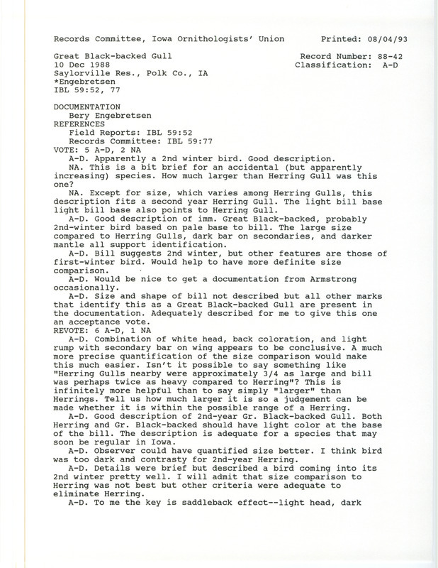 Records Committee review for a Great Black-backed Gull at Sandpiper Beach at Saylorville Reservoir in Polk County, IA on December 10, 1988. Includes a record review document with votes and a documentation form submitted to the committee.