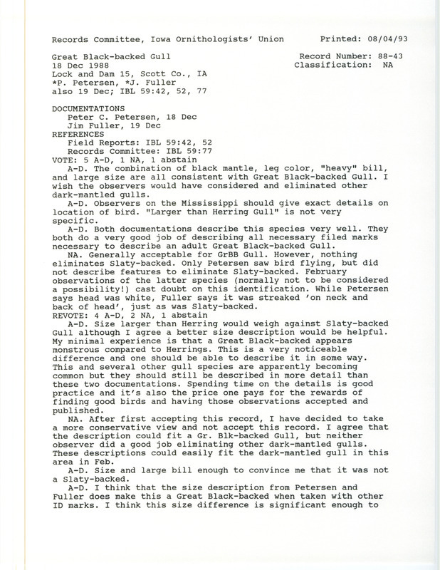 Records Committee review for a Great Black-backed Gull at Lock and Dam 15 in Davenport in Scott County, IA on December 18, 1988. Includes a record review document with votes and two documentation forms submitted to the committee.