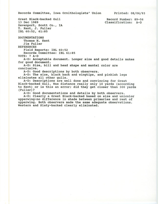 Records Committee review for a Great Black-backed Gull at Davenport in Scott County, IA on December 13, 1989. Includes a record review document with votes and two documentation forms submitted to the committee.