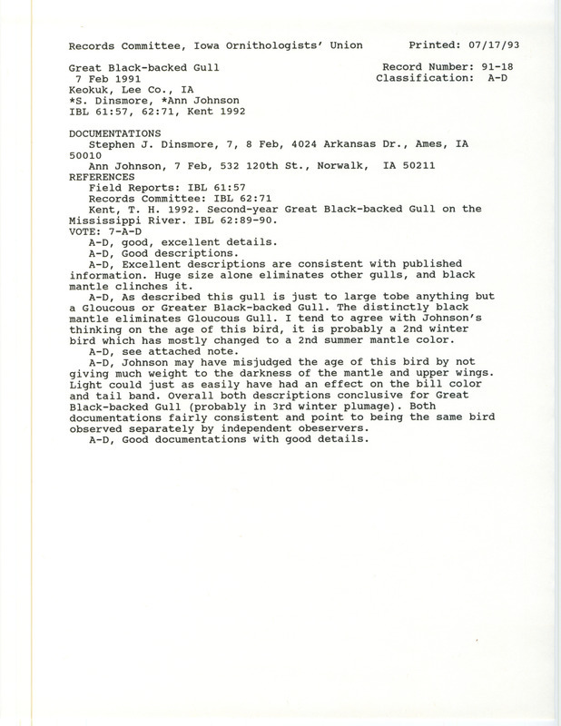 Records Committee review for a Great Black-backed Gull at Lock 19 in Keokuk in Lee County, IA on February 7, 1991. Includes a record review document with votes, an article in Iowa Bird Life, comparison of different gull sightings, and two documentation forms submitted to the committee.